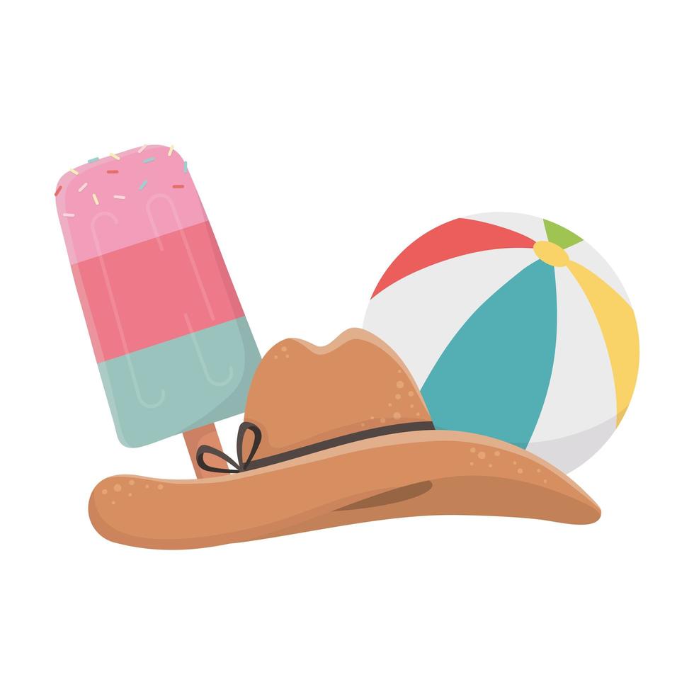 Sommerreise und Urlaub Strandball Eis und Hut isoliert Design-Ikone vektor