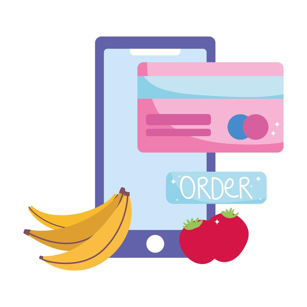 Online-Markt, Smartphone-Bestellung zahlen digital, Lebensmittel Lebensmittelgeschäft nach Hause Lieferung vektor