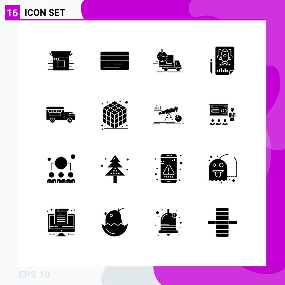 16 fast glyf begrepp för webbplatser mobil och appar is grädde raket leverans penna lastbil redigerbar vektor design element