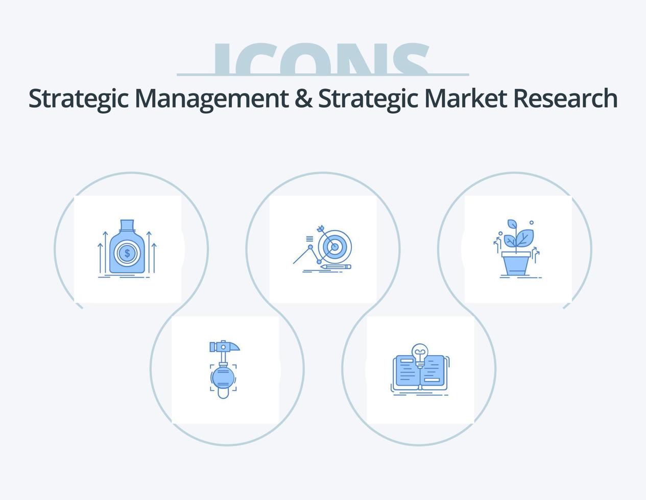 strategisk förvaltning och strategisk marknadsföra forskning blå ikon packa 5 ikon design. växt. mål. väska. Framgång. lån vektor