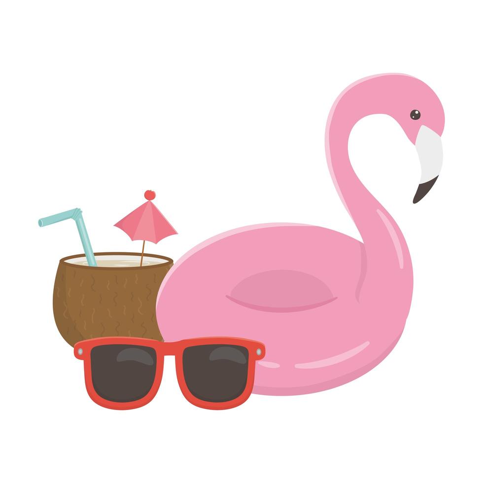 Sommerreise und Urlaub schweben Flamingo Sonnenbrille und Cocktail vektor