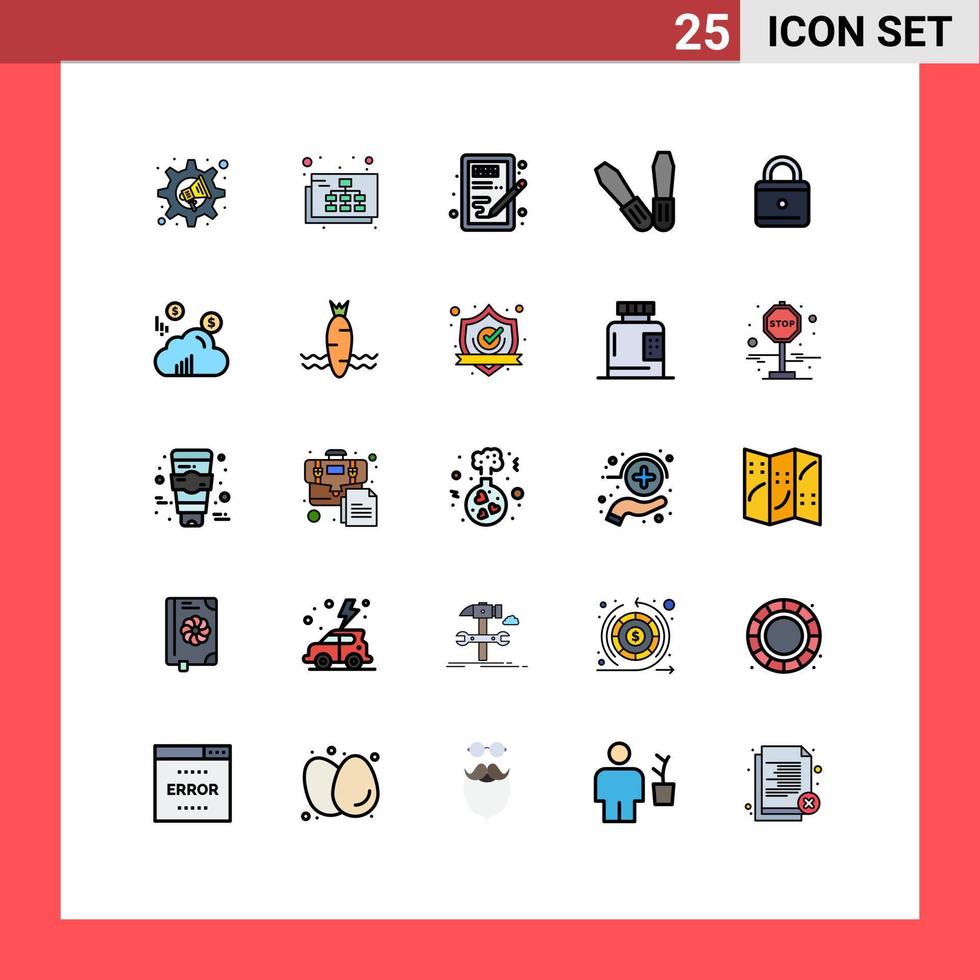uppsättning av 25 vektor fylld linje platt färger på rutnät för säkerhet utbildning kreativ verktyg inlärning redigerbar vektor design element