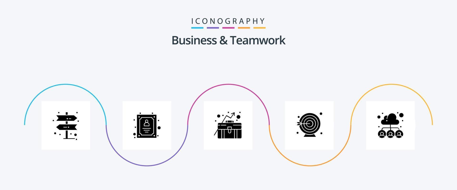 företag och lagarbete glyf 5 ikon packa Inklusive team. grupp. företag tillväxt. moln. mål vektor