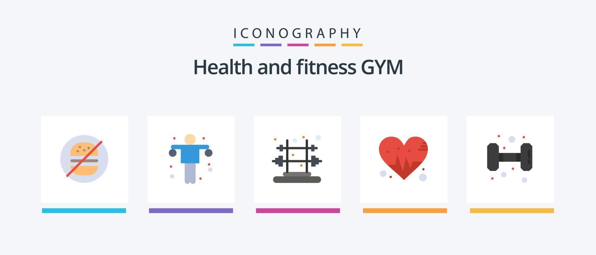 Gym Flat 5 Icon Pack inklusive Gewicht. Fitnessstudio. Fitness. Fitness. Herz. kreatives Symboldesign vektor