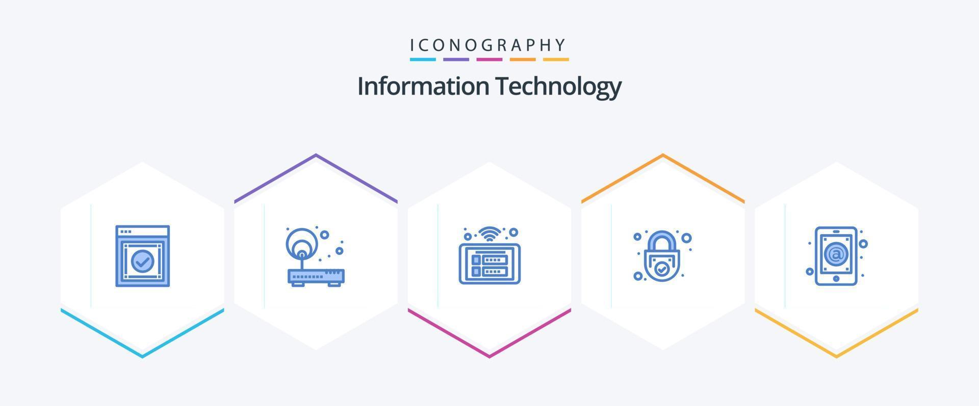 Informationstechnologie 25 blaues Icon Pack inklusive Safe. sperren. Punkt. W-lan. Tafel vektor