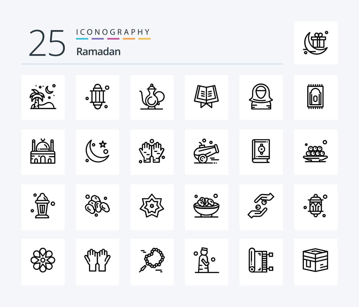 ramadan 25 linje ikon packa Inklusive bok . religion. ljus . ramadan . kopp vektor