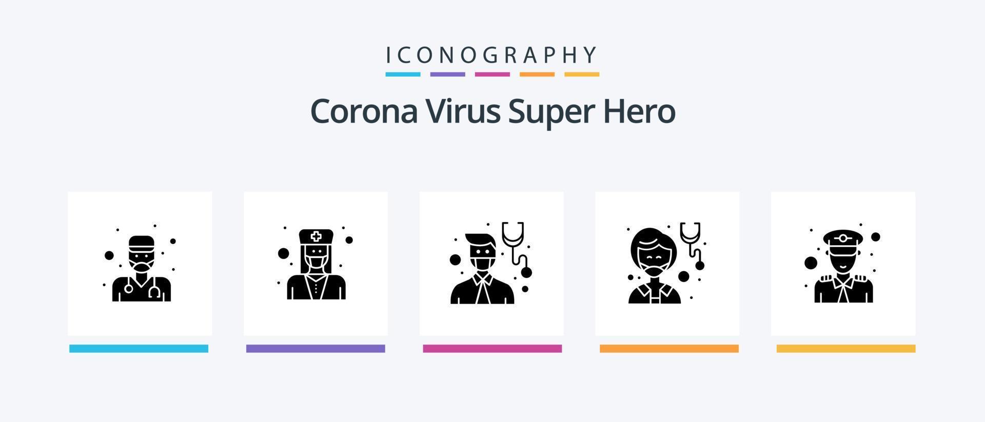 korona virus super hjälte glyf 5 ikon packa Inklusive säkerhet. man. läkare. kvinna. medicin. kreativ ikoner design vektor