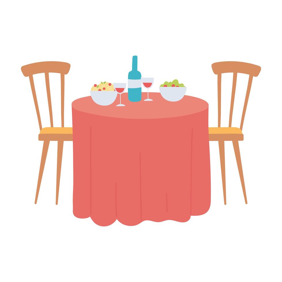 Restauranttisch mit Essen und Weinflaschenbechern lokalisierte Designikone weißen Hintergrund vektor