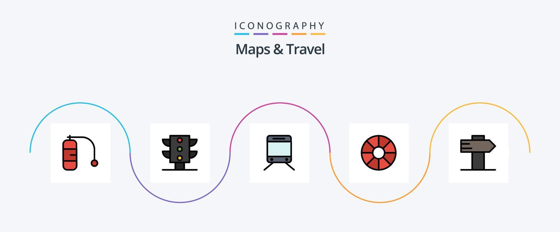 Karten und Reiselinien gefülltes flaches 5-Icon-Paket einschließlich . reisen. reisen. Führung vektor