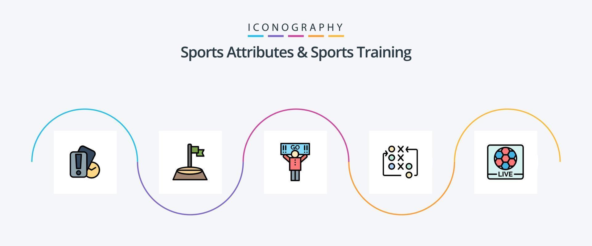 Sportattribute und Sporttrainingslinie gefülltes Flat 5 Icon Pack inklusive Live. Taktik. Ventilator. Strategie. Spiel vektor