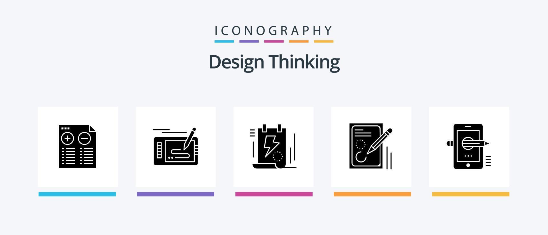 Design Thinking Glyph 5 Icon Pack inklusive Design. Bleistift. Pad. bearbeiten. Bolzen. kreatives Symboldesign vektor