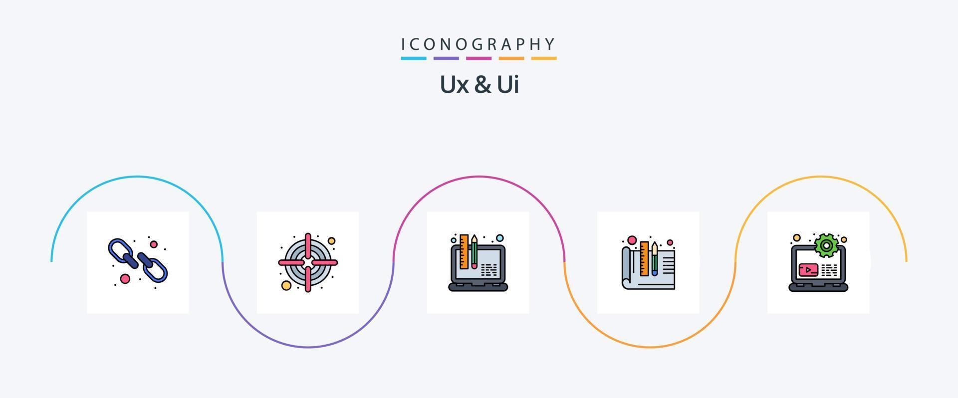 ux och ui linje fylld platt 5 ikon packa Inklusive bärbar dator. dator. utveckling. prototypframställning. design vektor