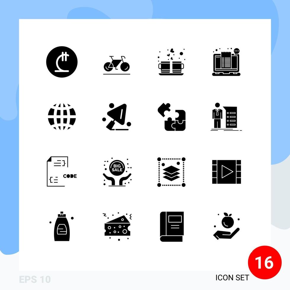 Packung mit 16 modernen Solid-Glyphen-Zeichen und Symbolen für Web-Printmedien wie Ticketquittung, Kaffeekasse, heiß editierbare Vektordesign-Elemente vektor