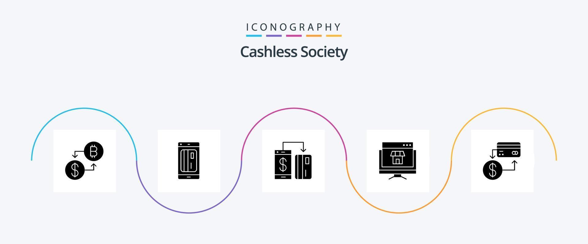 Cashless Society Glyph 5 Icon Pack inklusive Marktplatz. Rechner. Kredit. Smartphone. Maschine vektor