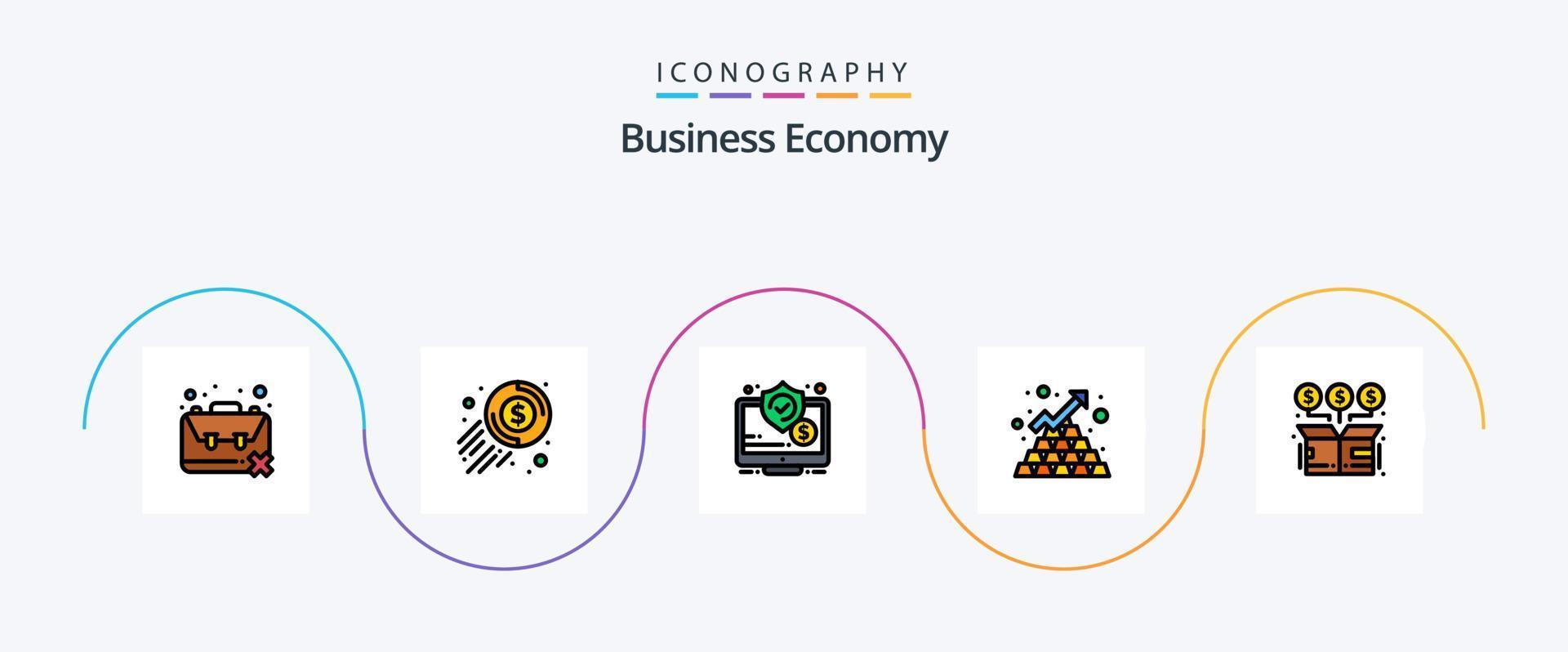 ekonomi linje fylld platt 5 ikon packa Inklusive pyramid. företag. mynt. barer. skärm vektor