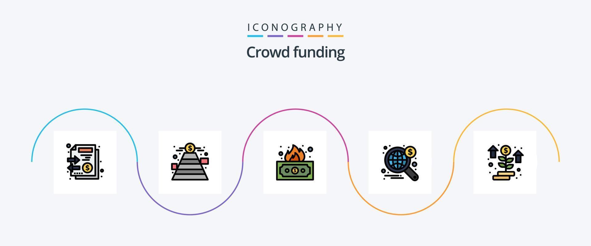 crowdfunding linje fylld platt 5 ikon packa Inklusive pengar. värld. riskabel. bred. Sök vektor