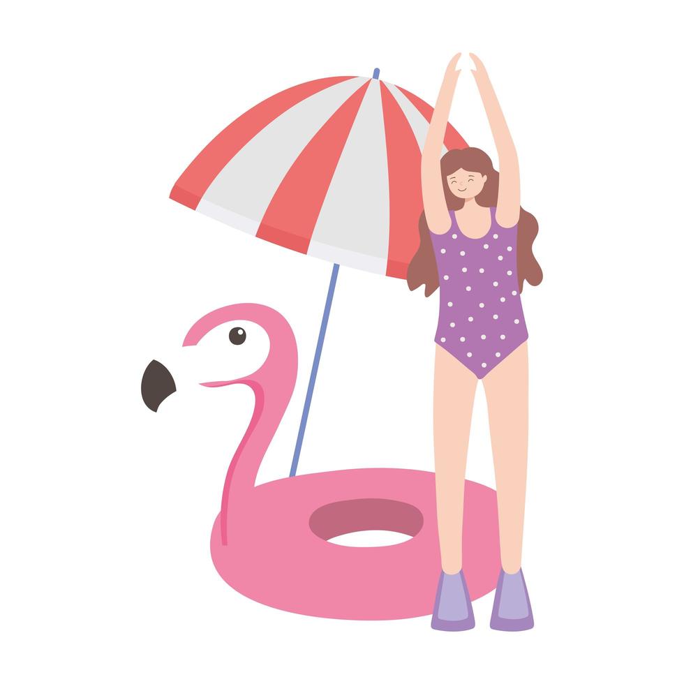 Sommerzeit Urlaub Tourismus Frau mit Regenschirm Flamingo Float isoliert Design vektor