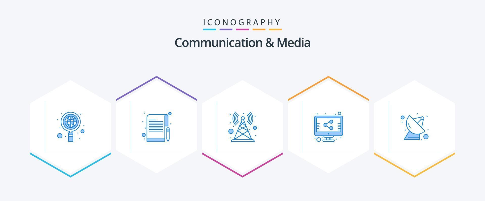 Kommunikation und Medien 25 blaues Icon-Pack einschließlich Wissenschaft. Satellit. Antenne. Teilen. Datei vektor