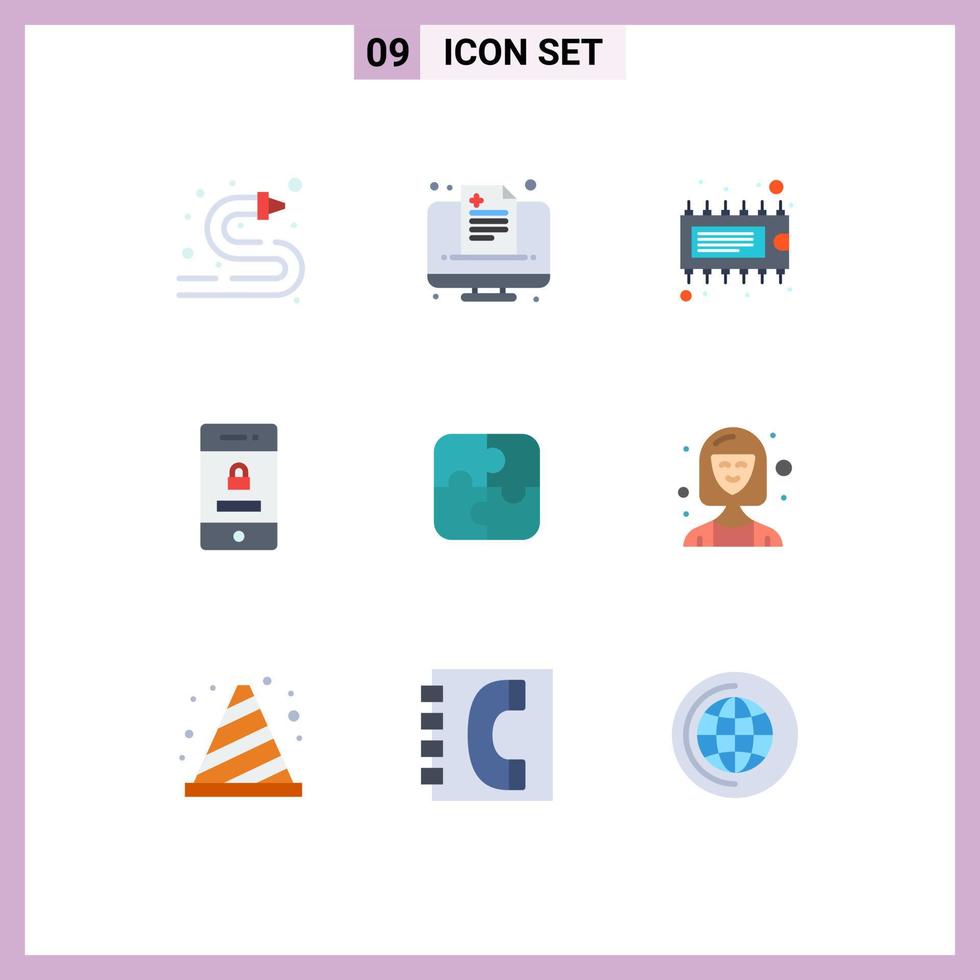 Mobile Schnittstelle flacher Farbsatz von 9 Piktogrammen von Teilen Technologiekomponenten Sicherheit gesperrt editierbare Vektordesign-Elemente vektor