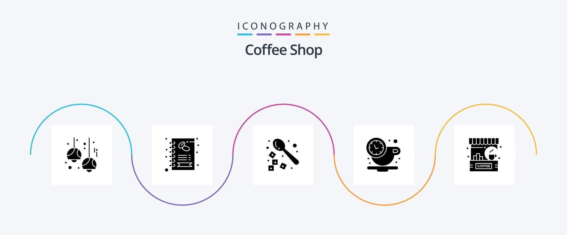 Coffee Shop Glyph 5 Icon Pack inklusive Bar. ausruhen. Laden. Kaffee. Löffel vektor