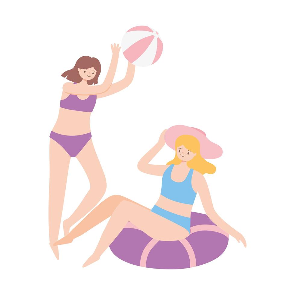 sommartid flickor med badboll och flyta semester turism vektor