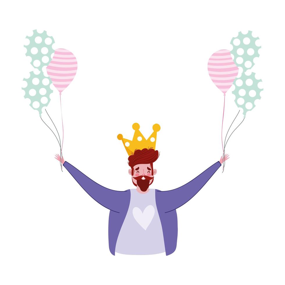 Glücklicher Vatertag, Papa Charakter mit Krone und Luftballons vektor