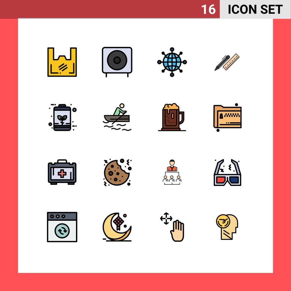moderner satz von 16 flachen farbgefüllten linien piktogramm von linealorganisatorprodukten schreibtischserver editierbare kreative vektordesignelemente vektor
