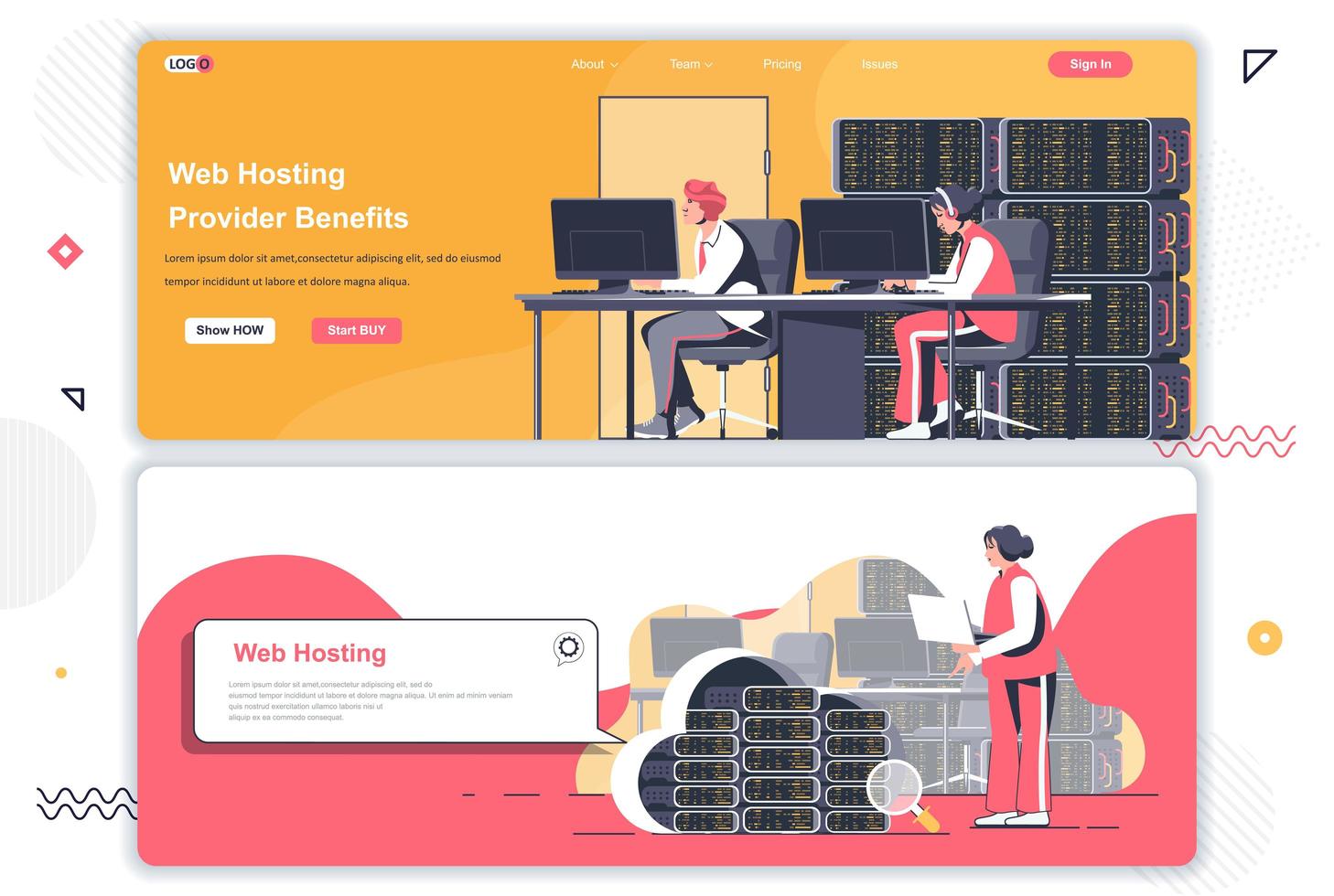 Zielseiten für Webhosting-Anbieter festgelegt. vektor