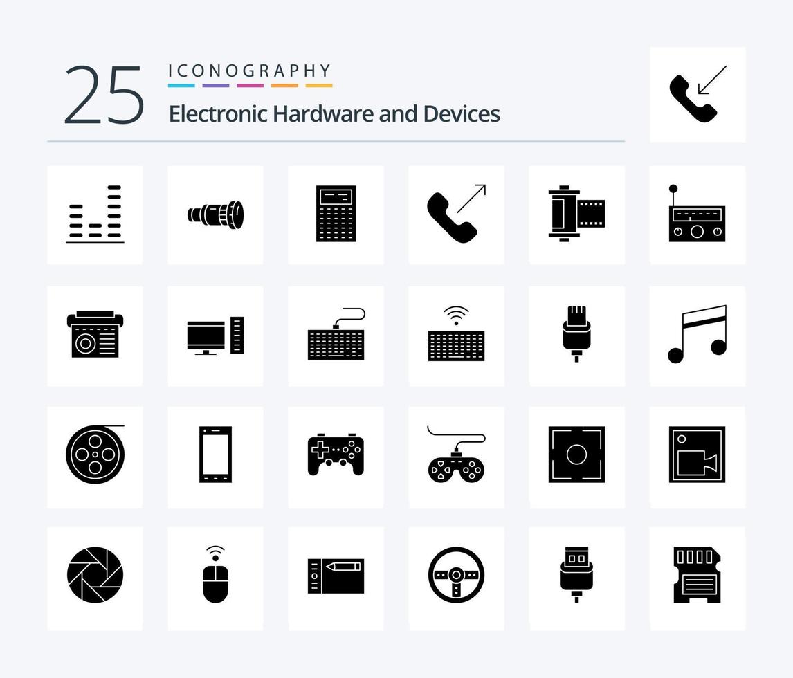 Geräte 25 Solid Glyph Icon Pack inklusive Kamera. Handy, Mobiltelefon. Medien. eingehend. Mathematik vektor