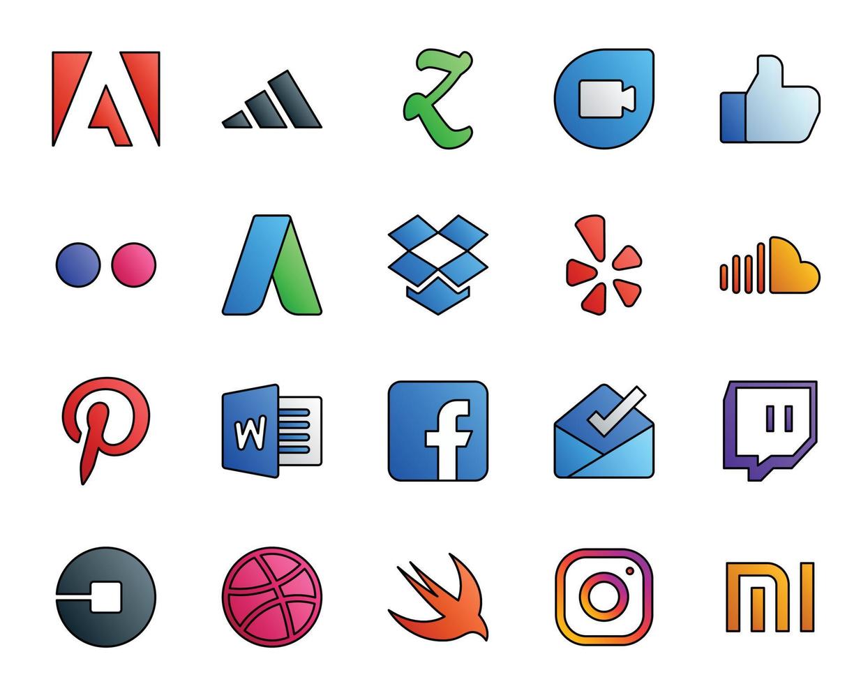 20 Social-Media-Icon-Packs, einschließlich Uber-Posteingang, Yelp, Facebook, Pinterest vektor