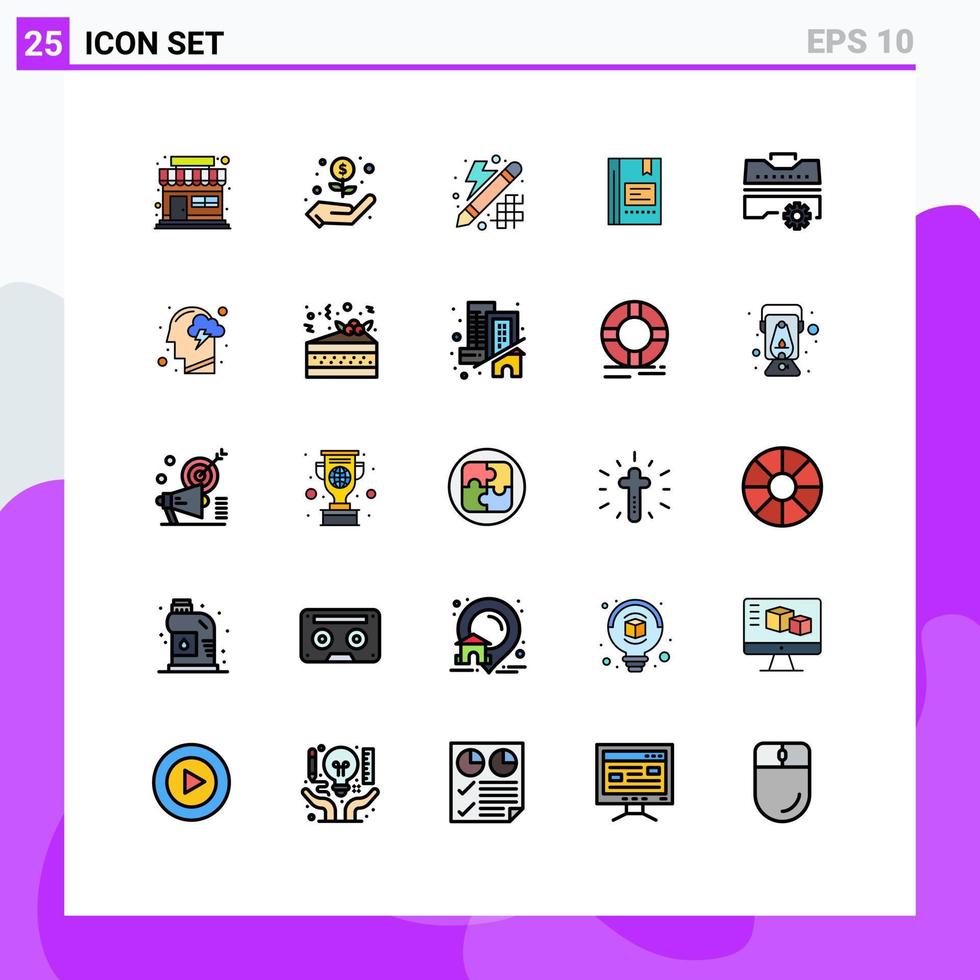 universelle Symbolsymbole Gruppe von 25 modernen gefüllten Linien flache Farben des Baunotizbuchs Innovation Hinweis Bildung editierbare Vektordesign-Elemente vektor