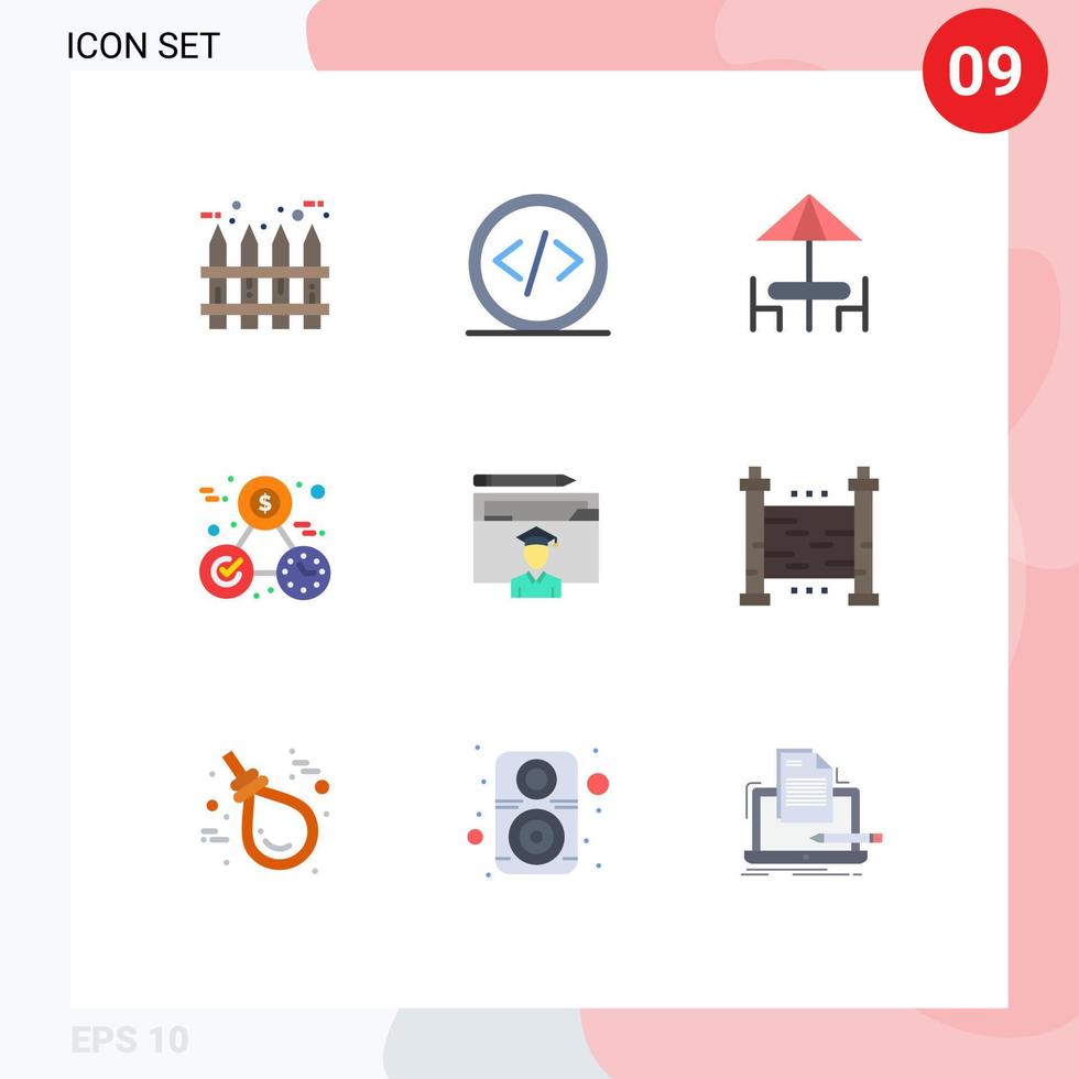 Flaches Farbpaket mit 9 universellen Symbolen der Avatar-Zeit-Web-Geldtabelle editierbare Vektordesign-Elemente vektor