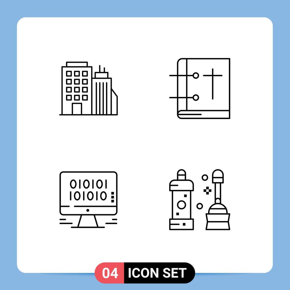 mobil gränssnitt linje uppsättning av 4 piktogram av byggnad data huvudkontor kyrka förvaltning redigerbar vektor design element