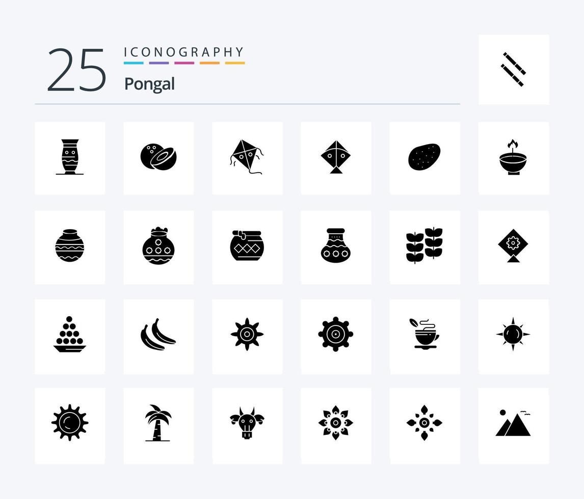 Pongal 25 solides Glyphen-Icon-Pack inklusive Patato. pongal. Kokosnuss. fliegend. Drachen vektor