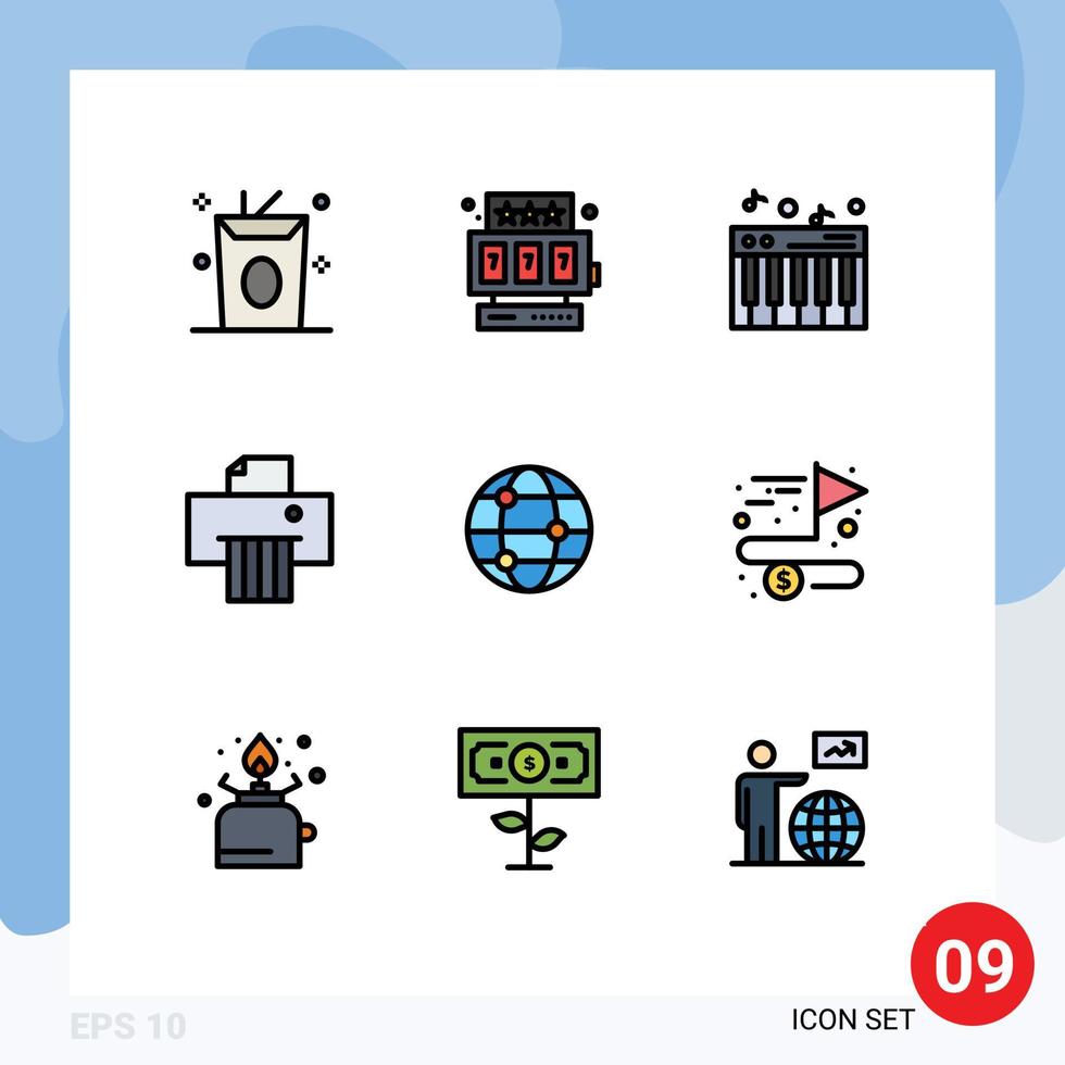 9 universelle Filledline-Flachfarben für Web- und mobile Anwendungen, die editierbare Vektordesign-Elemente für Weltklavierreise-Schredder erreichen vektor