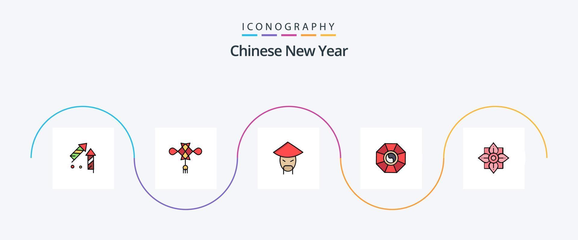 chinesische neujahrslinie gefülltes flaches 5-symbolpaket einschließlich neujahr. Neu. Neujahr. Chinesisch. Dekoration vektor