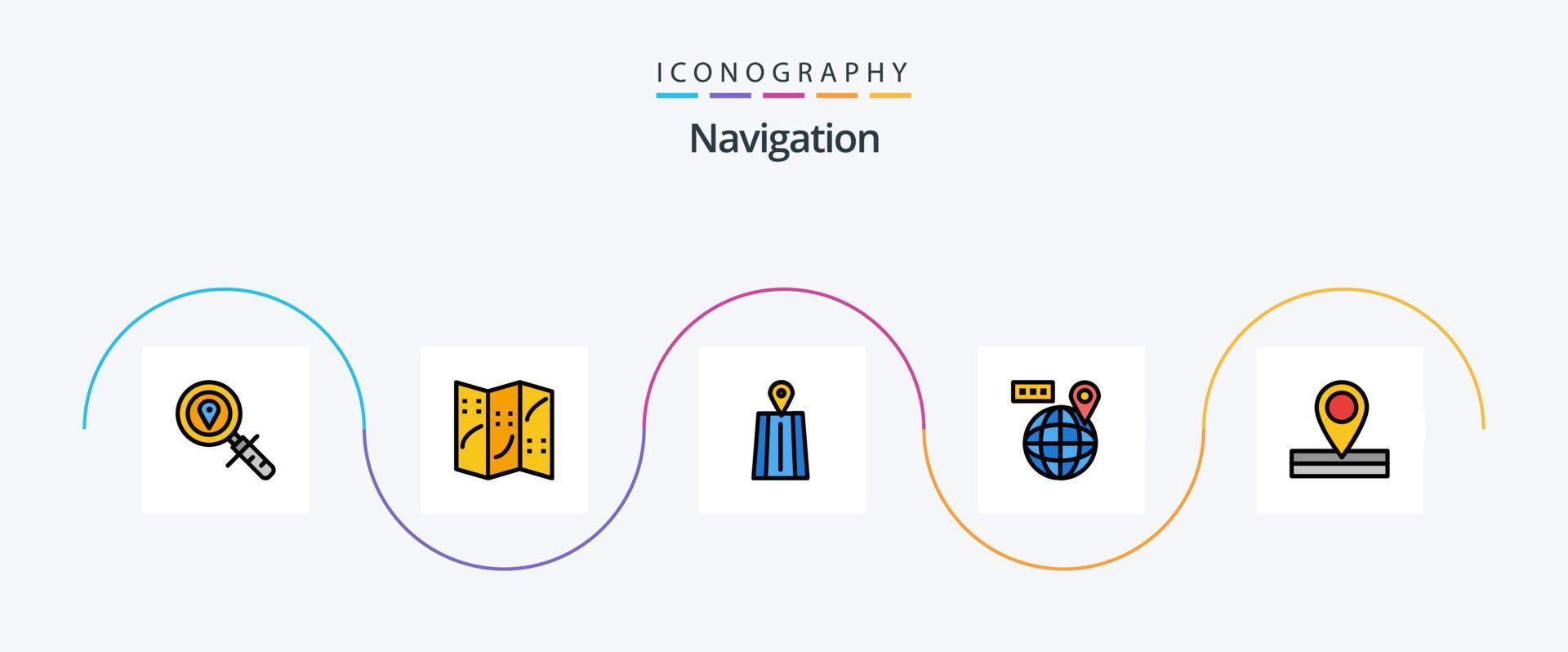 Navigationslinie gefülltes flaches 5-Icon-Paket einschließlich . Lage. Straße. Karte. Navigation vektor