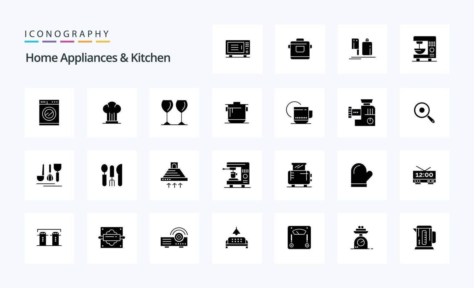 25 Haushaltsgeräte und solides Glyphen-Icon-Paket für die Küche vektor