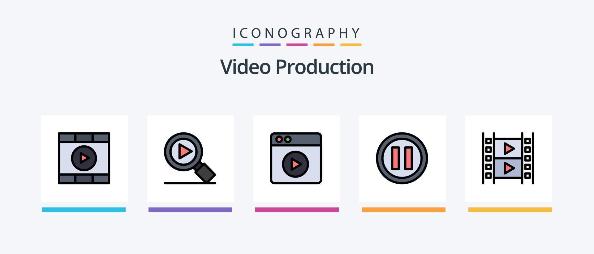 video produktion linje fylld 5 ikon packa Inklusive film . bio . filma . Sök. kreativ ikoner design vektor