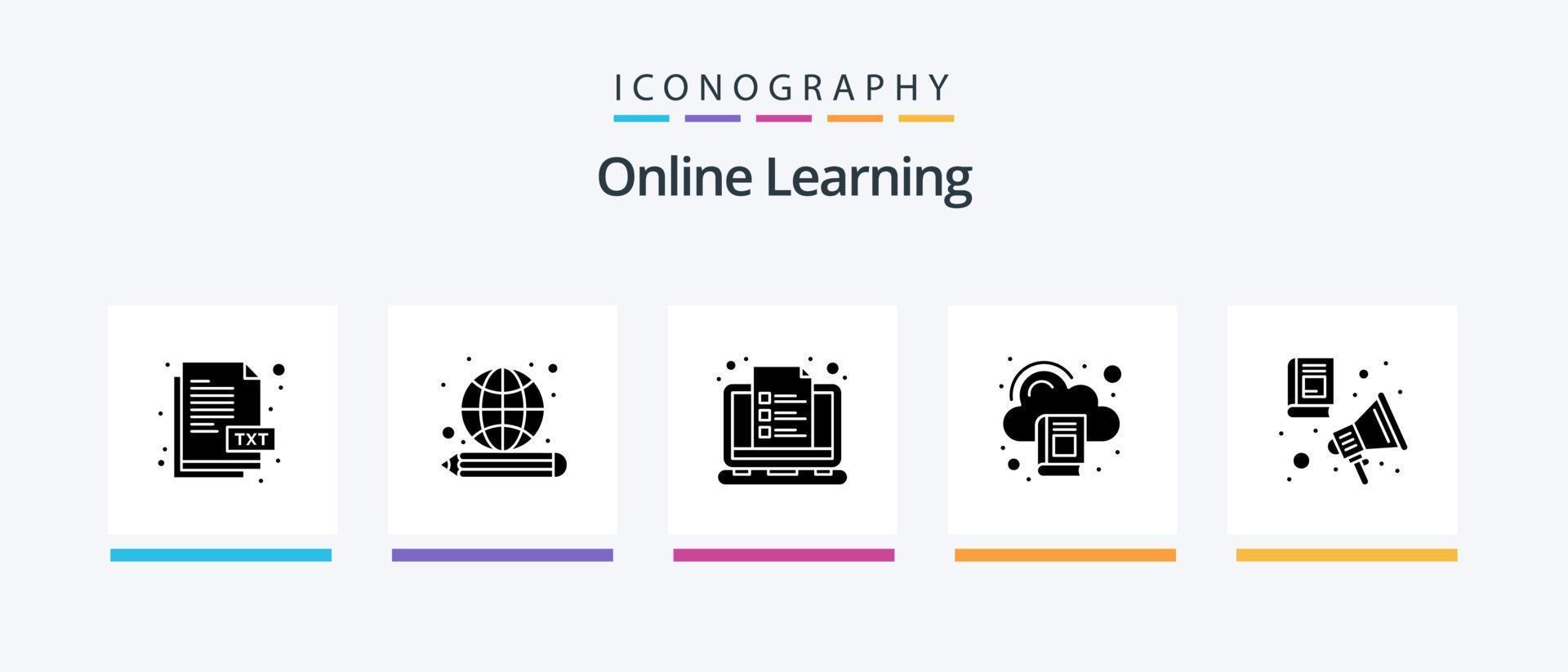 uppkopplad inlärning glyf 5 ikon packa Inklusive audio bok. bibliotek. kurs. utbildning. anteckningar. kreativ ikoner design vektor