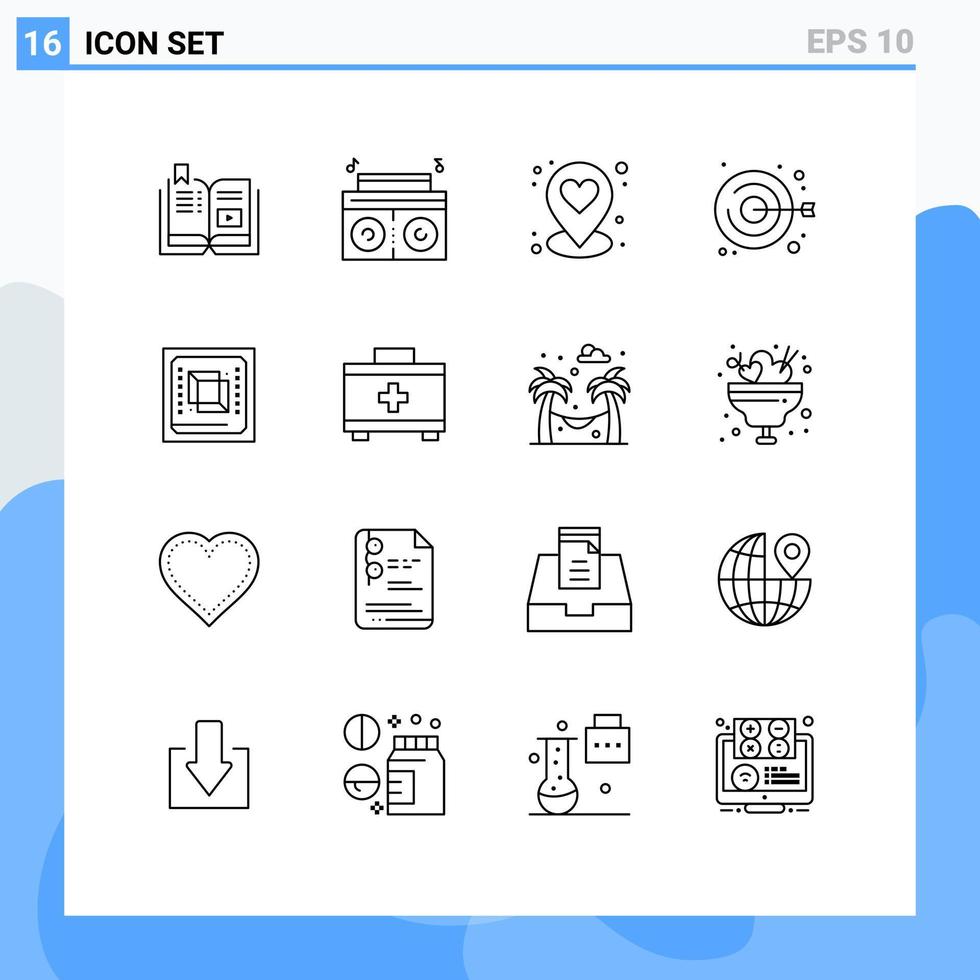 modern uppsättning av 16 konturer pictograph av cpu chip hjärta hantverk broderi redigerbar vektor design element