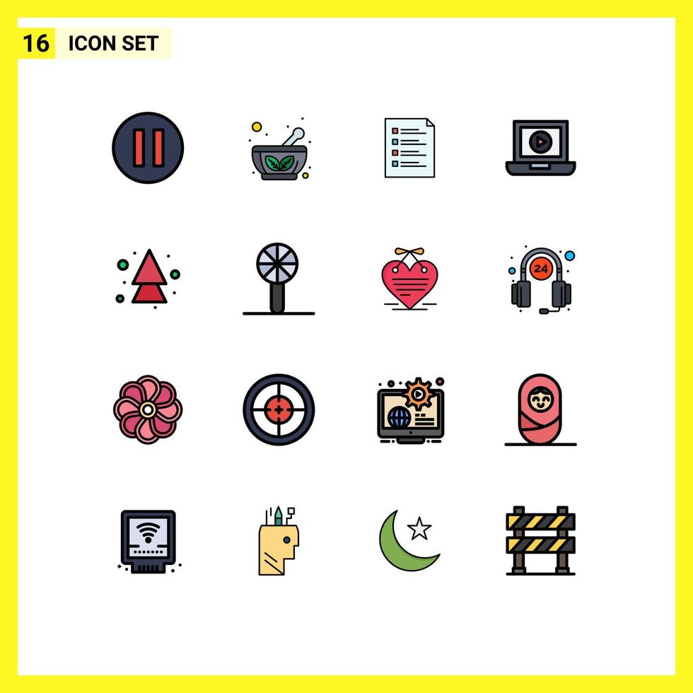 Gruppe von 16 modernen, flachen, farbgefüllten Linien für Pfeile, Videodateien, Computer, die editierbare kreative Vektordesign-Elemente testen vektor