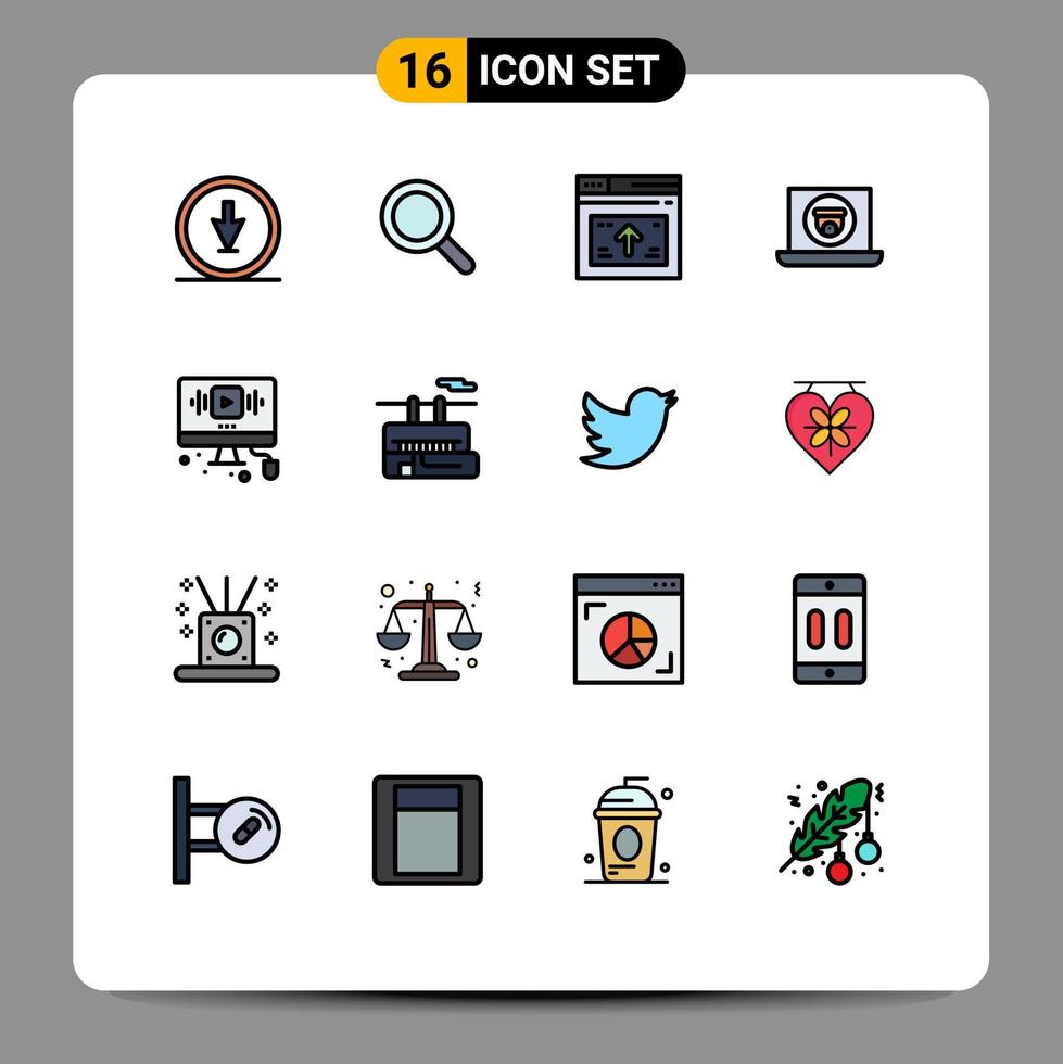 16 platt Färg fylld linje begrepp för webbplatser mobil och appar kamera bärbar dator Sök multimedia hemsida redigerbar kreativ vektor design element