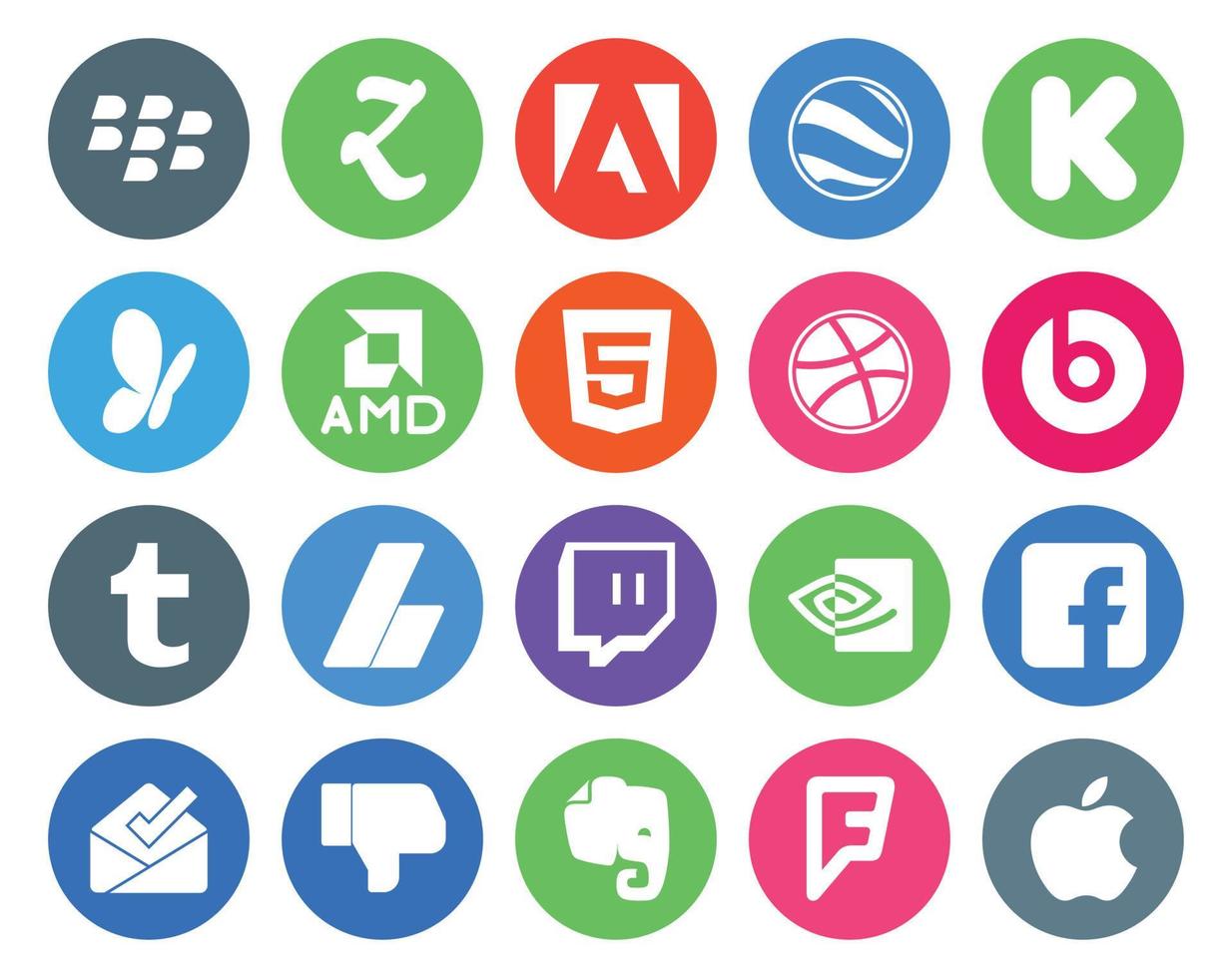20 social media ikon packa Inklusive motvilja Facebook dribbble nvidia annonser vektor