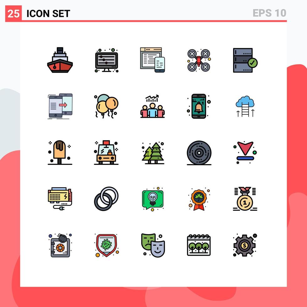 Gruppe von 25 modernen, gefüllten Linien-Flachfarben, die für genehmigte Drohnen-Kamera-Wellen-Kamera-Mobile-bearbeitbare Vektor-Design-Elemente festgelegt wurden vektor