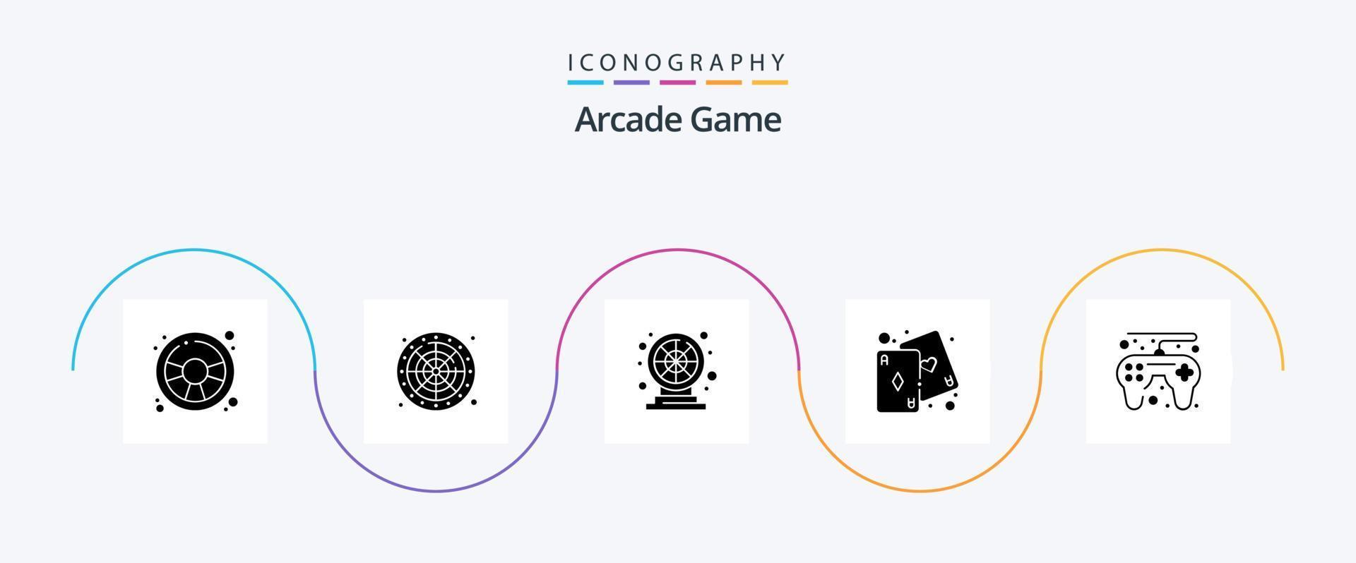 Arcade Glyph 5 Icon Pack inklusive Spiel. abspielen. Rad. Spiel. Karten vektor