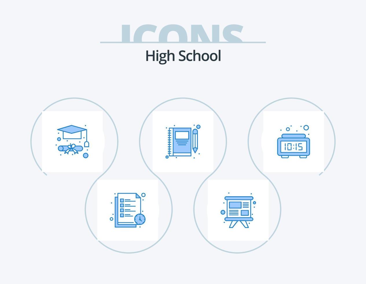 High School Blue Icon Pack 5 Icon-Design. Uhr. schreiben. Grad. Bleistift. Hinweis vektor