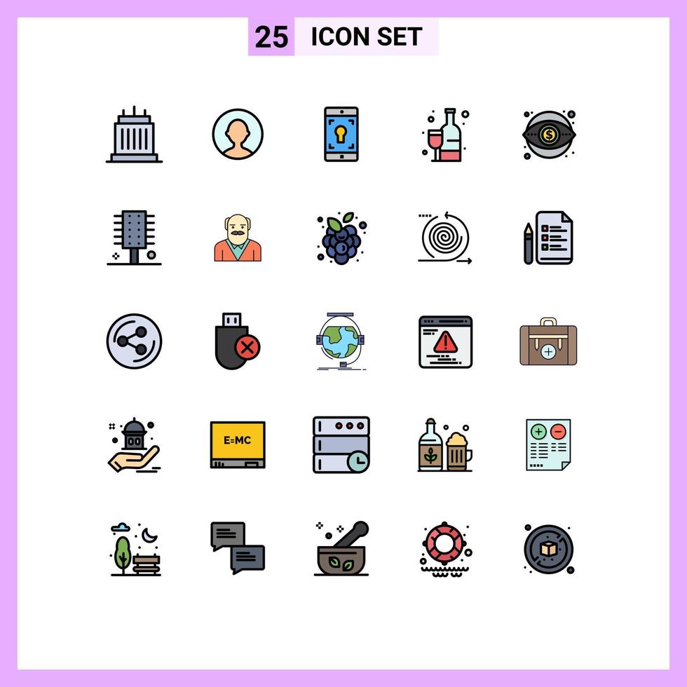 25 gefüllte Linien flaches Farbkonzept für mobile Websites und Apps finanzieren Getränkeanwendung alkoholisches Einkaufen editierbare Vektordesign-Elemente vektor