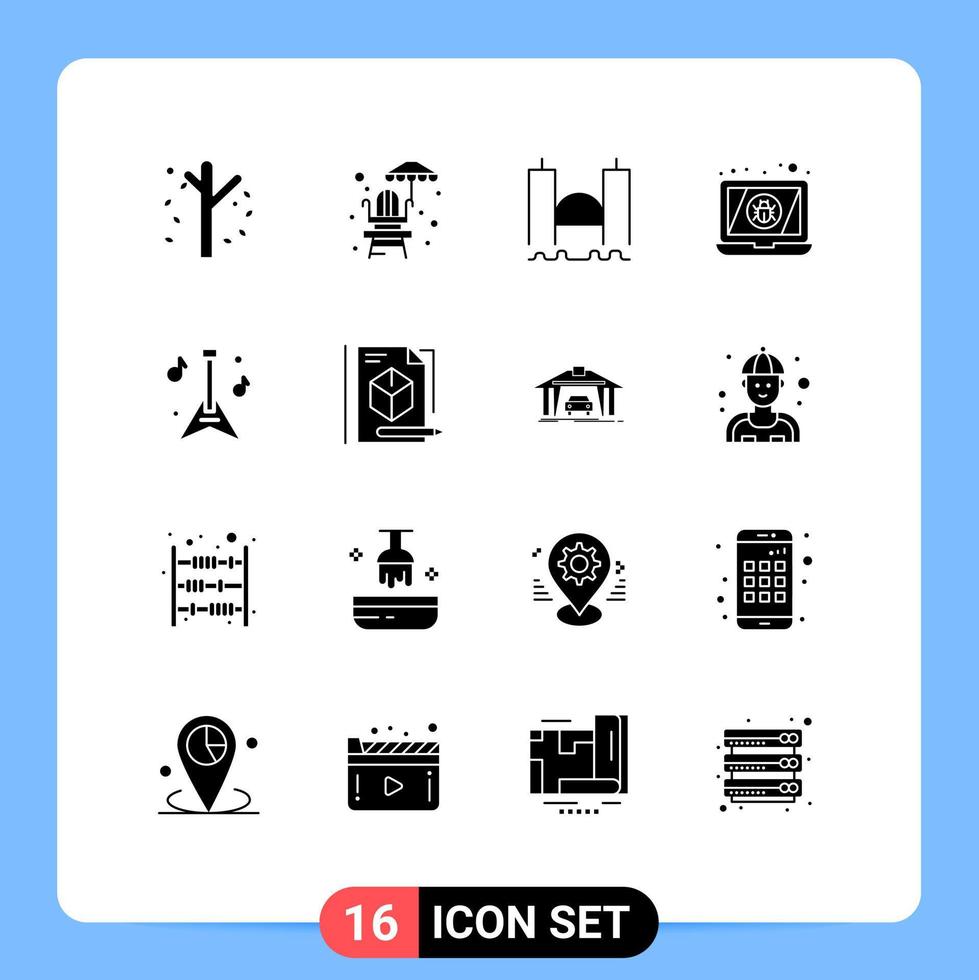 16 solides Glyph-Konzept für mobile Websites und Apps Gitarre Laptop Brücke Gerät Fluss editierbare Vektordesign-Elemente vektor
