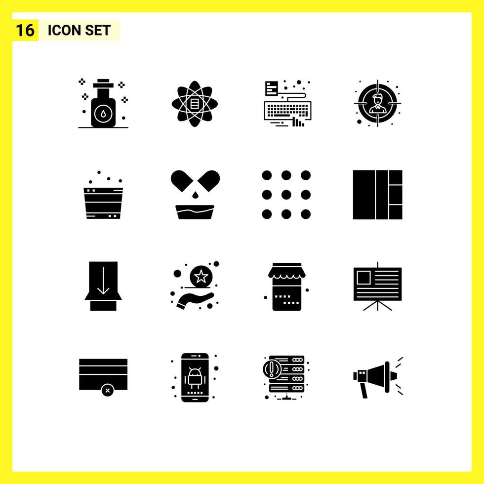 16 fast glyf begrepp för webbplatser mobil och appar bastu hink händer användare publik redigerbar vektor design element
